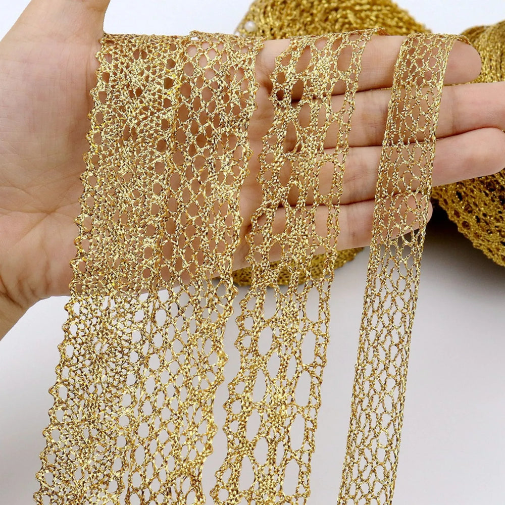 close-up of gold crochet lace detail of idongcai golden crochet lace trim set, 4 styles, 5 yards each