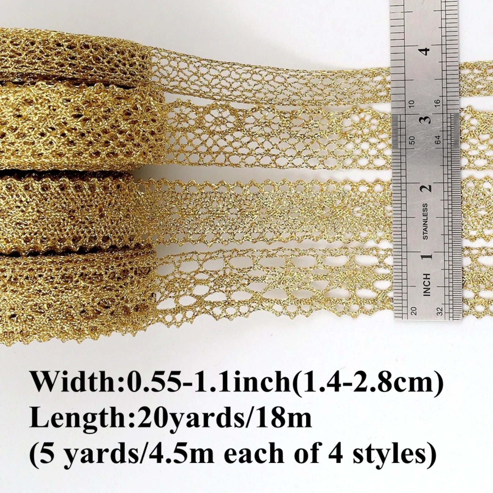 dimension guide of idongcai golden crochet lace trim set, width 0.55–1.1 inch, 5 yards each of 4 styles