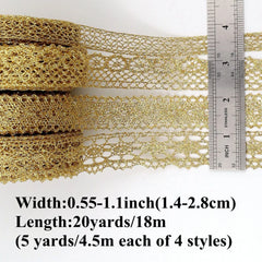 dimension guide of idongcai golden crochet lace trim set, width 0.55–1.1 inch, 5 yards each of 4 styles