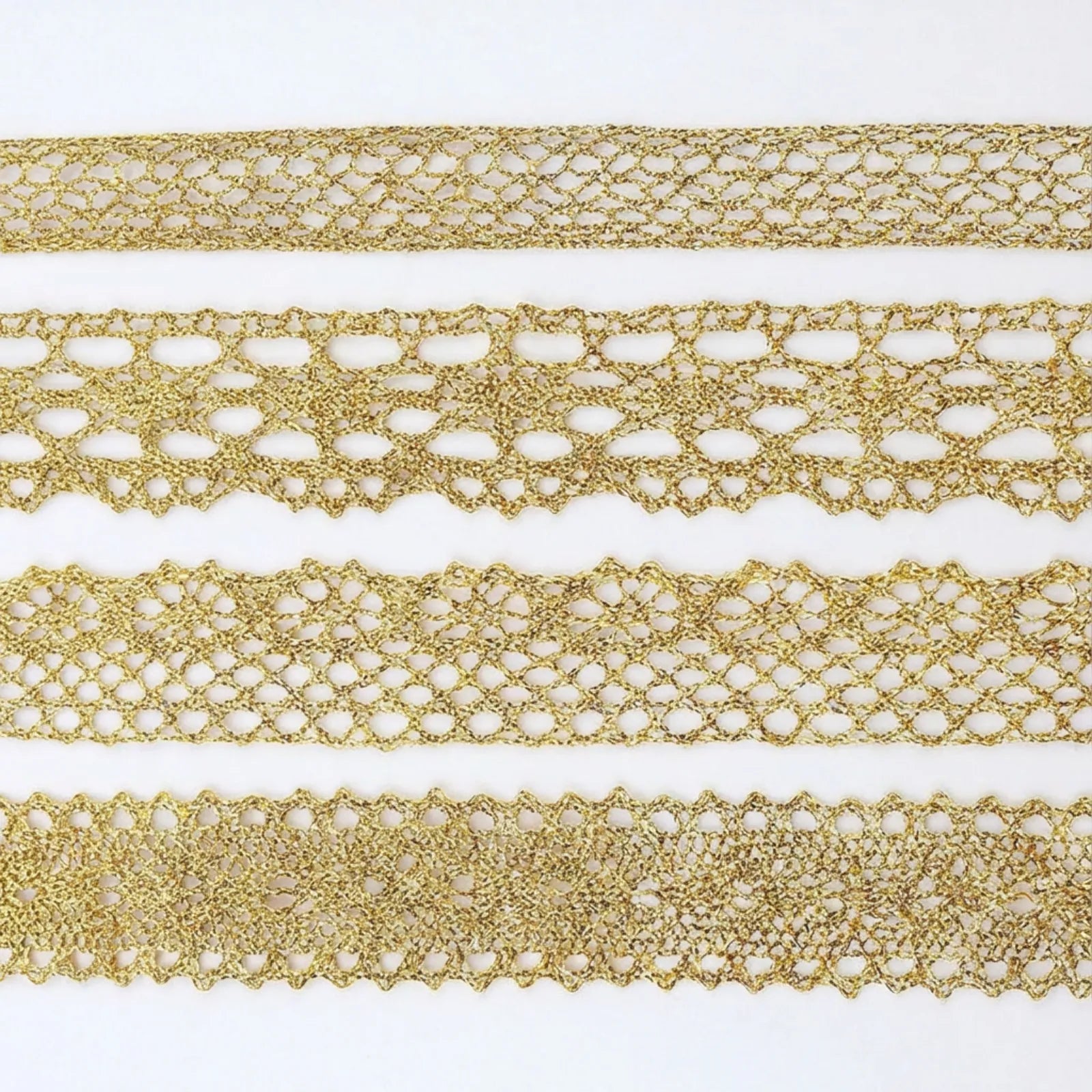 idongcai golden crochet lace trim set – 4 styles x 5 yards each, elegant gold metallic lace for sewing & crafts