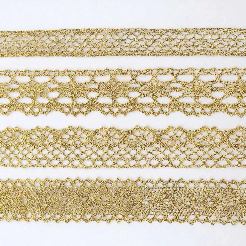 idongcai golden crochet lace trim set – 4 styles x 5 yards each, elegant gold metallic lace for sewing & crafts