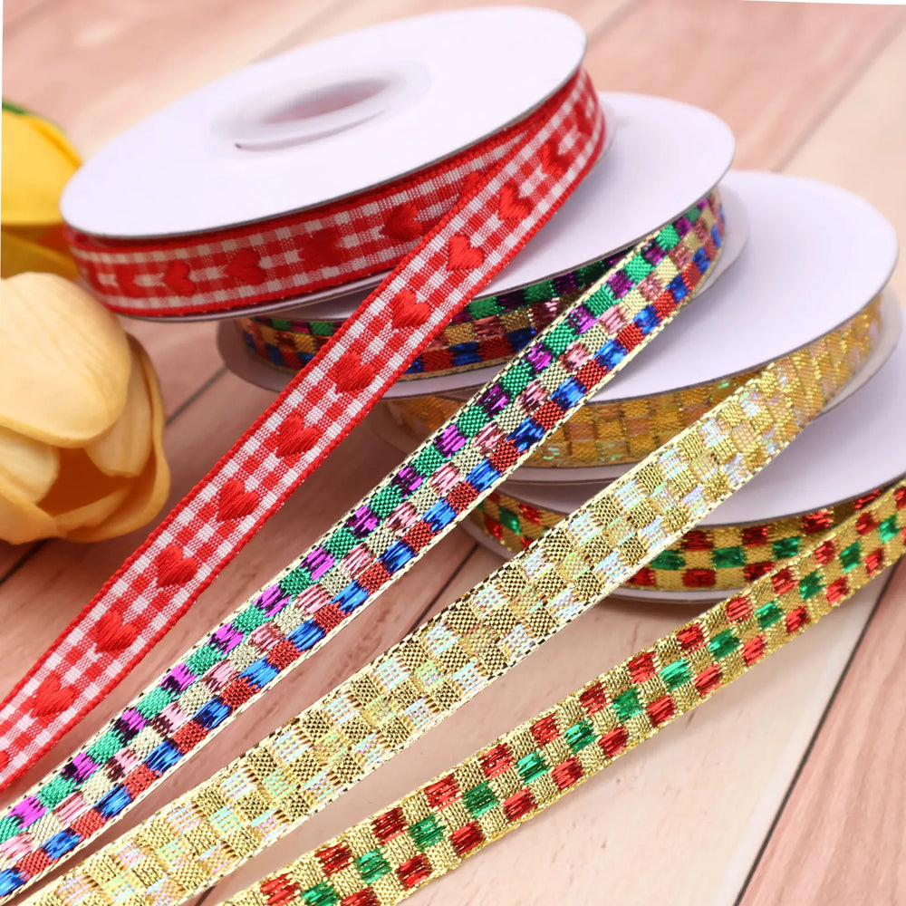 Close-up of Golden Gingham & Heart Pattern Ribbon Texture