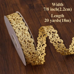 Golden Ribbon dimensions: 20 yards long, 7/8 inch (2.2cm) wide, hollow cut lace design