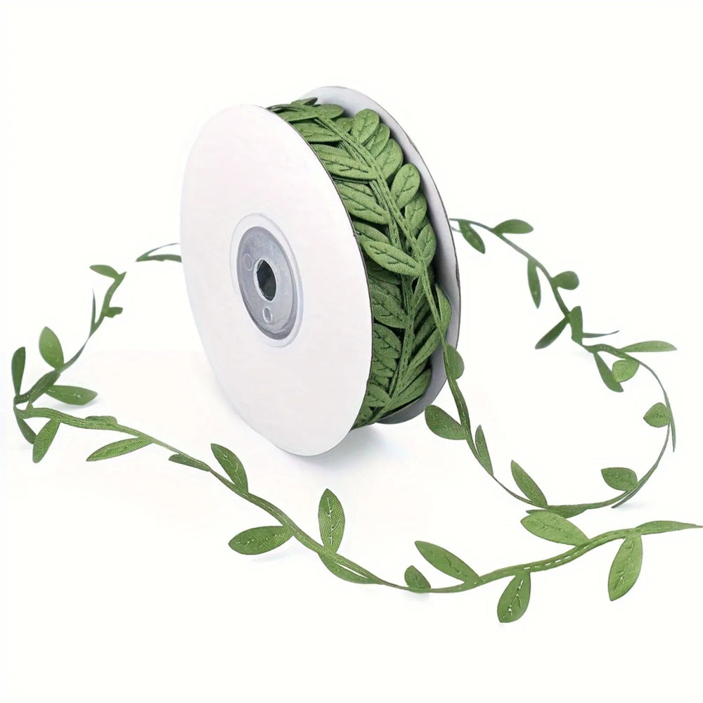 Olive Green Leaf Ribbon, 20 Yards Roll, Decorative Faux Vine Leaves for DIY Crafts, Home Decor, Weddings, and Parties