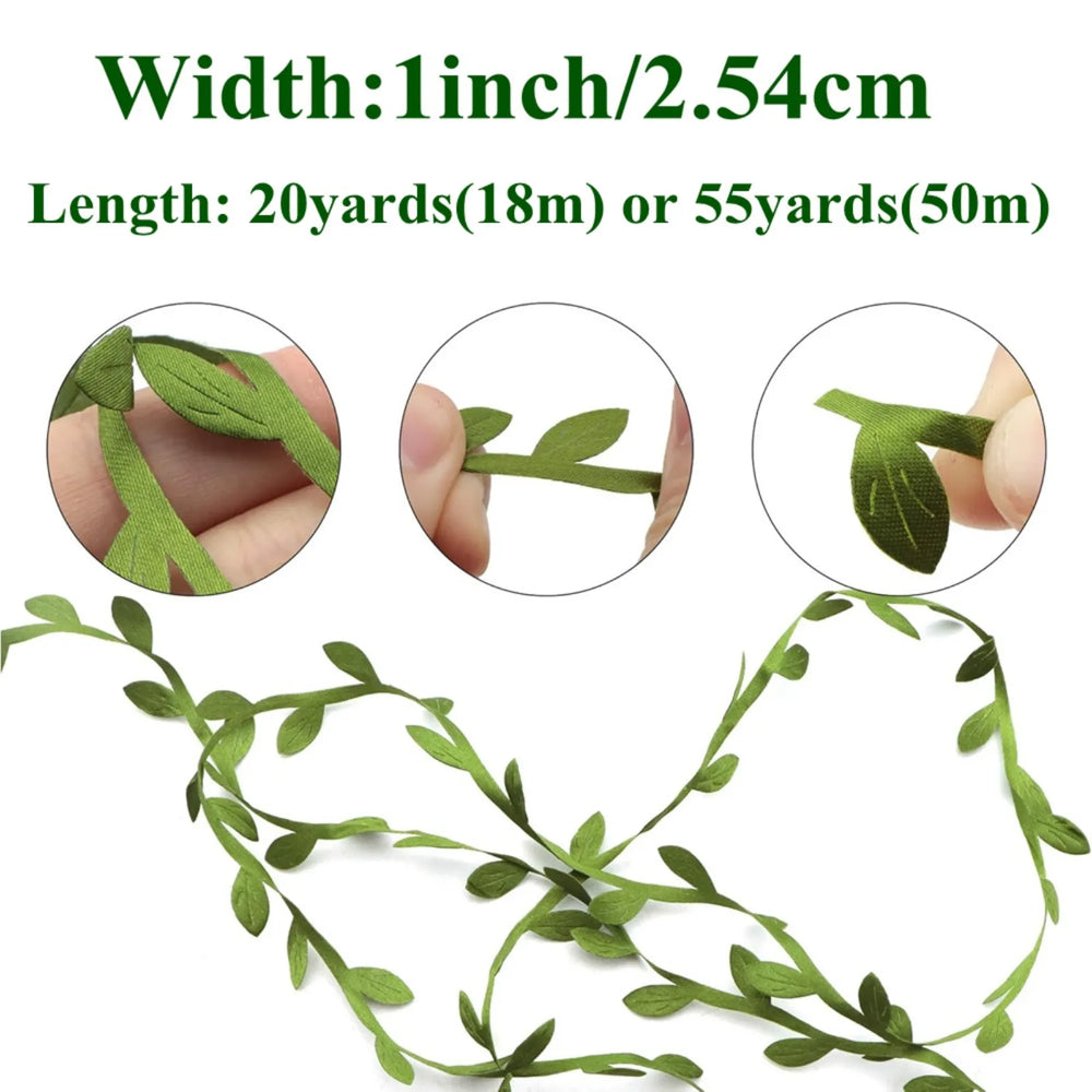 Close-up of realistic faux leaves on Olive Green Leaf Ribbon, durable polyester texture