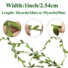 Close-up of realistic faux leaves on Olive Green Leaf Ribbon, durable polyester texture