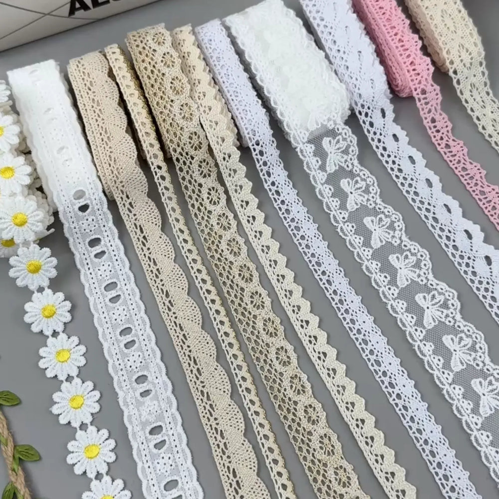 Close-Up of IDONGCAI Vintage Lace Ribbon Set – Detailed Crochet Scalloped Trim Texture for Sewing and Craft Projects
