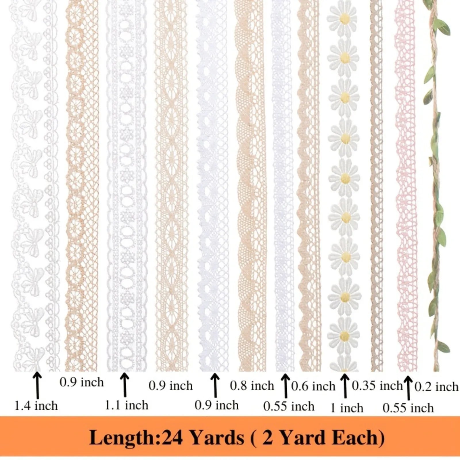 IDONGCAI Vintage Lace Ribbon Set Dimensions – Each Style 2 Yards, Total 24 Yards, Showing Ribbon Length and Width