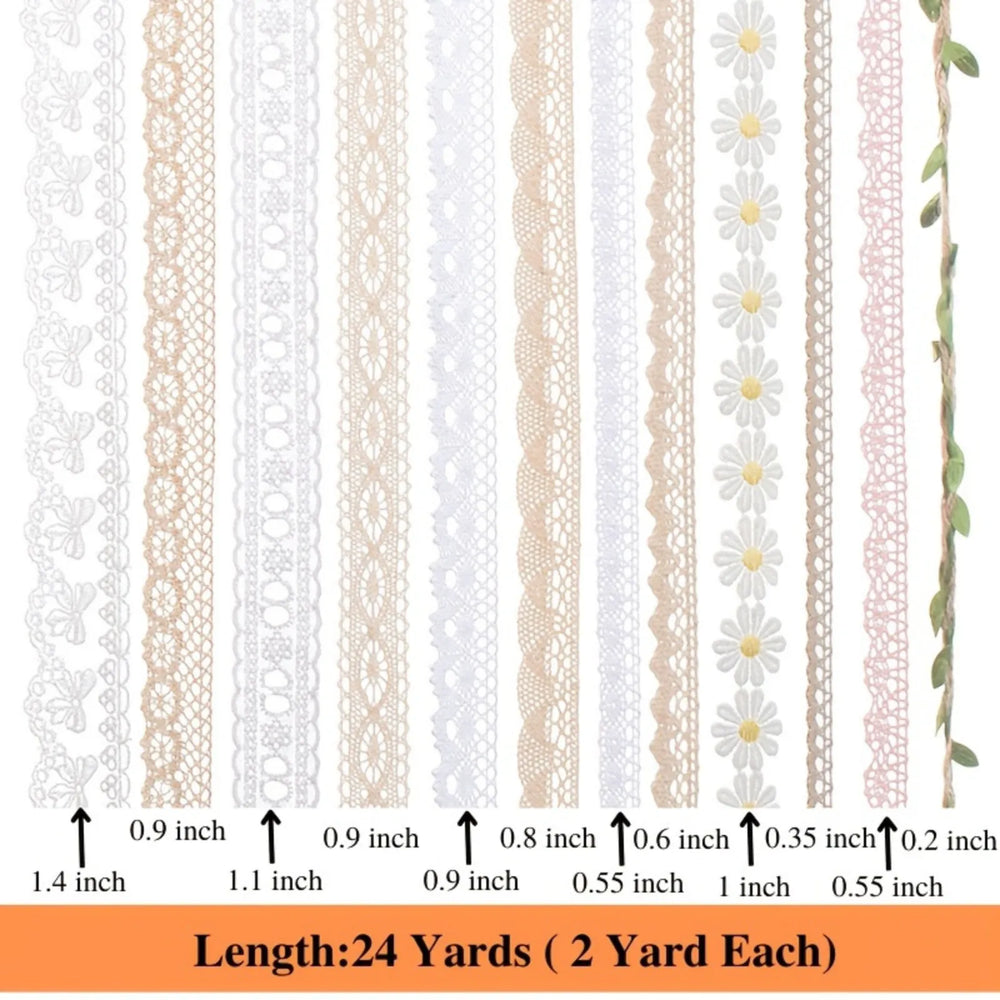IDONGCAI Vintage Lace Ribbon Set Dimensions – Each Style 2 Yards, Total 24 Yards, Showing Ribbon Length and Width