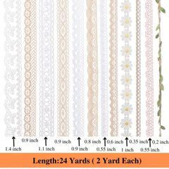 IDONGCAI Vintage Lace Ribbon Set Dimensions – Each Style 2 Yards, Total 24 Yards, Showing Ribbon Length and Width