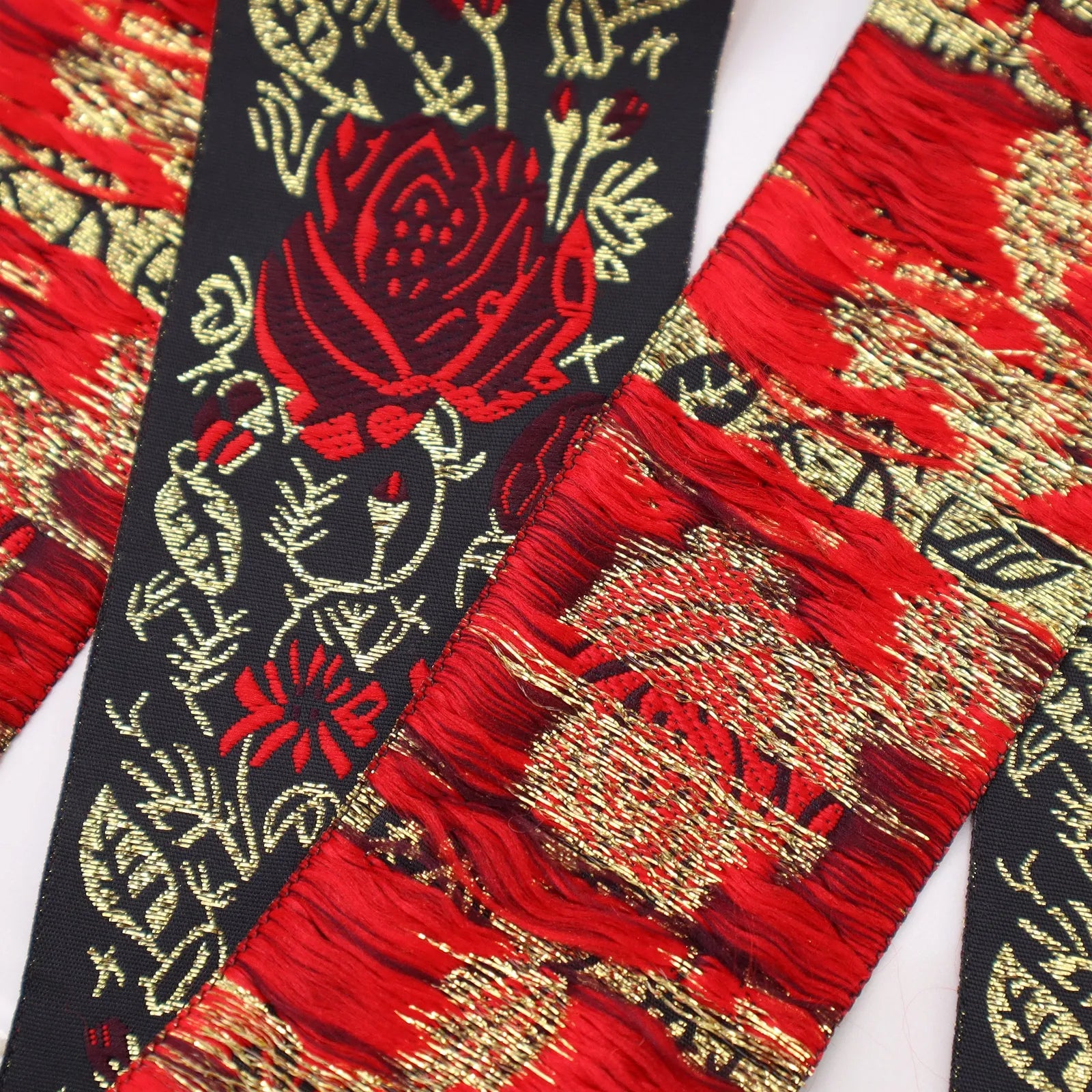 Back View of black and red floral embroidered jacquard ribbon texture