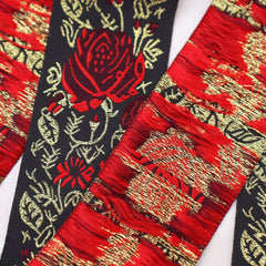 Back View of black and red floral embroidered jacquard ribbon texture
