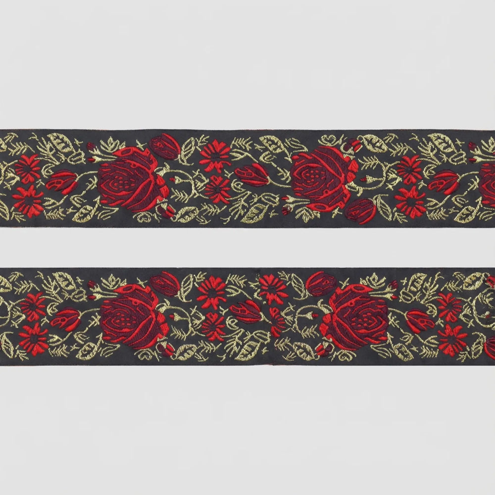 DONGCAI vintage rose jacquard ribbon black and red floral embroidered trim 1.95 inch wide