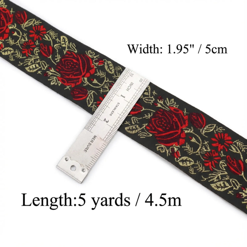 Vintage rose jacquard ribbon dimension showing 1.95 inch width and 5 yards length
