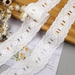 Close-up of White Eyelet Lace Trim Showing Floral Embroidered Pattern and Texture