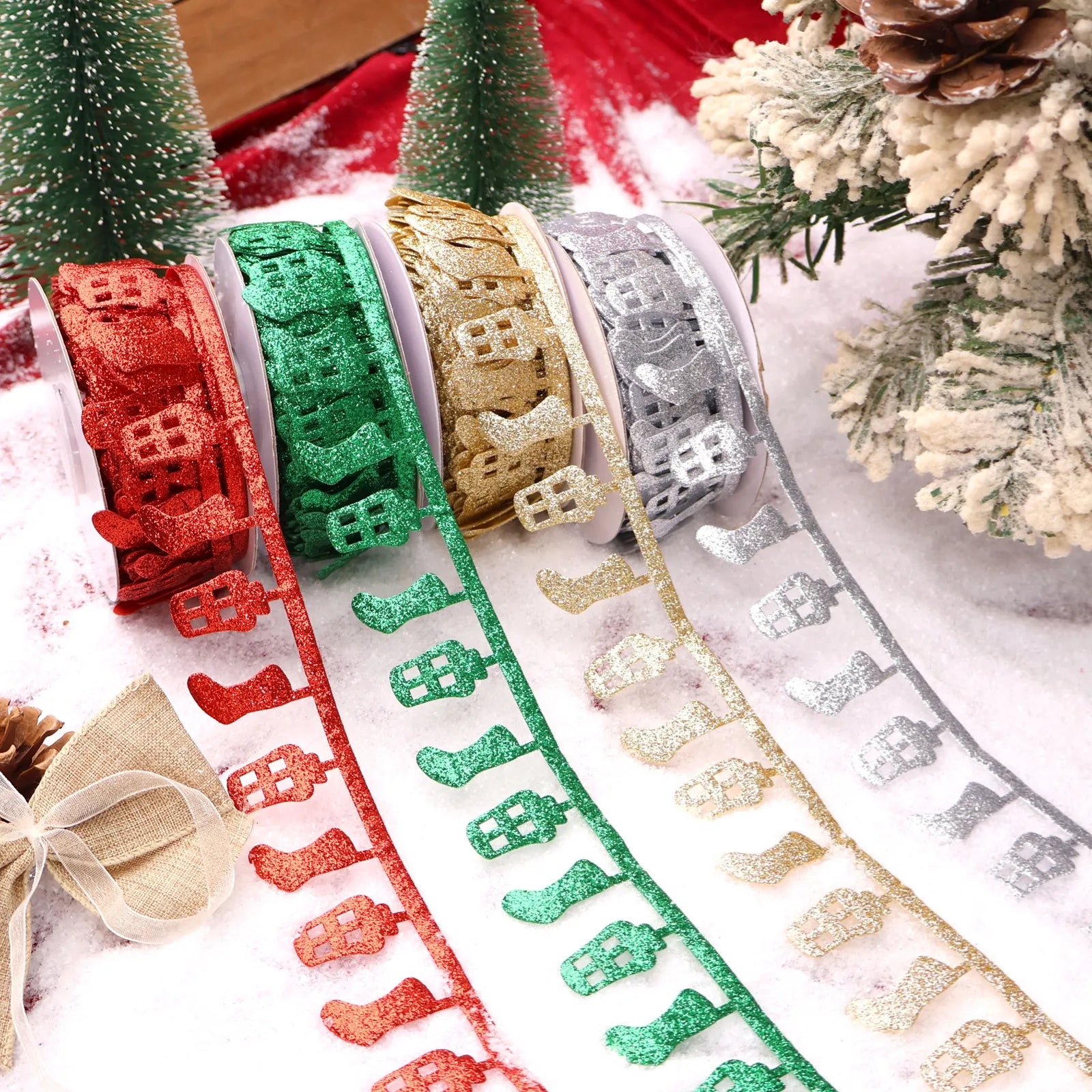 Close-up of glitter stocking sequin ribbon texture for DIY crafts and sewing