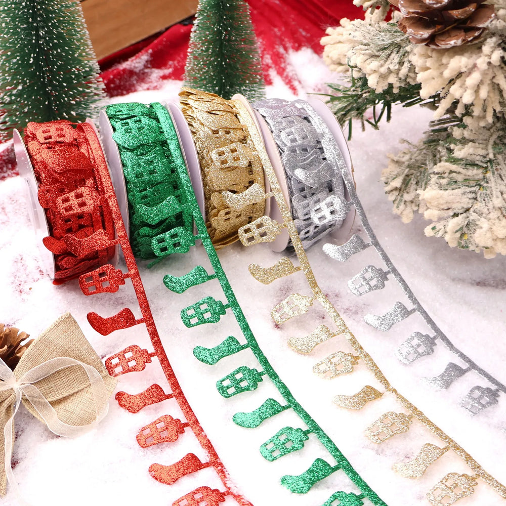 Close-up of glitter stocking sequin ribbon texture for DIY crafts and sewing
