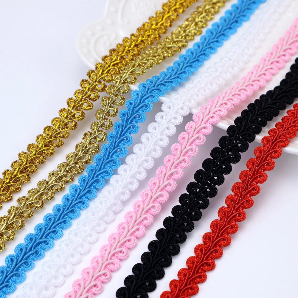 Gimp Braid Trim Ribbon– Multi-Color Options Display: White, Black, Golden, Light Golden, Pink, Light Blue