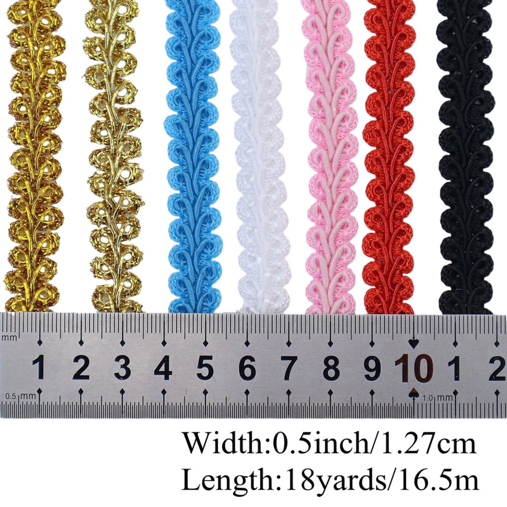 Gimp Braid Trim Ribbon– Display of Ribbon Widths (0.5 inch) and 18-Yard Length with Wavy Detail