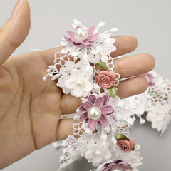 IDONGCAI lace flower pearl beads ribbon trim close-up showing 3D floral layers and pearl details