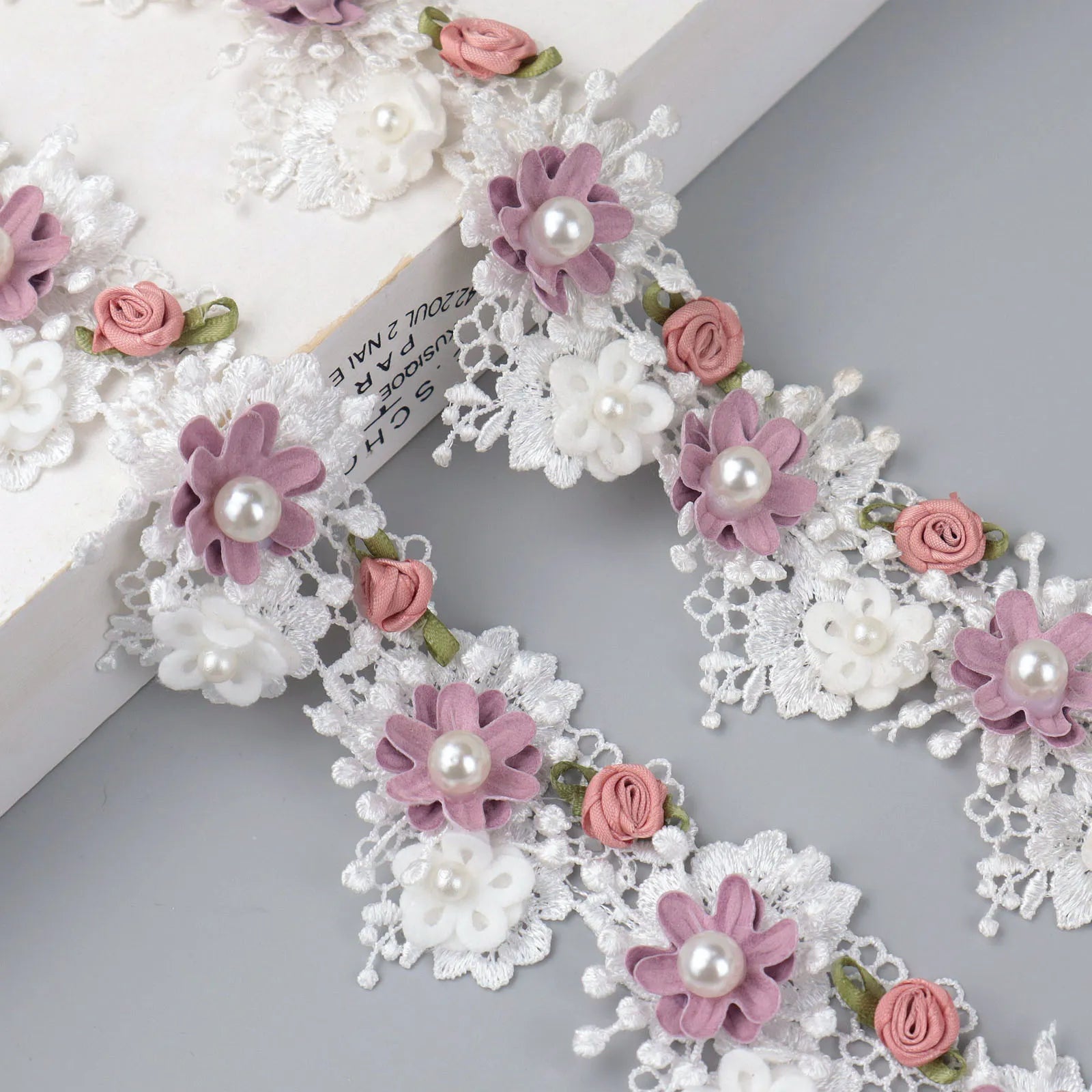 IDONGCAI lace flower pearl beads ribbon trim flat lay display highlighting layered floral design