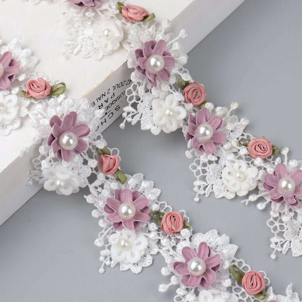IDONGCAI lace flower pearl beads ribbon trim flat lay display highlighting layered floral design