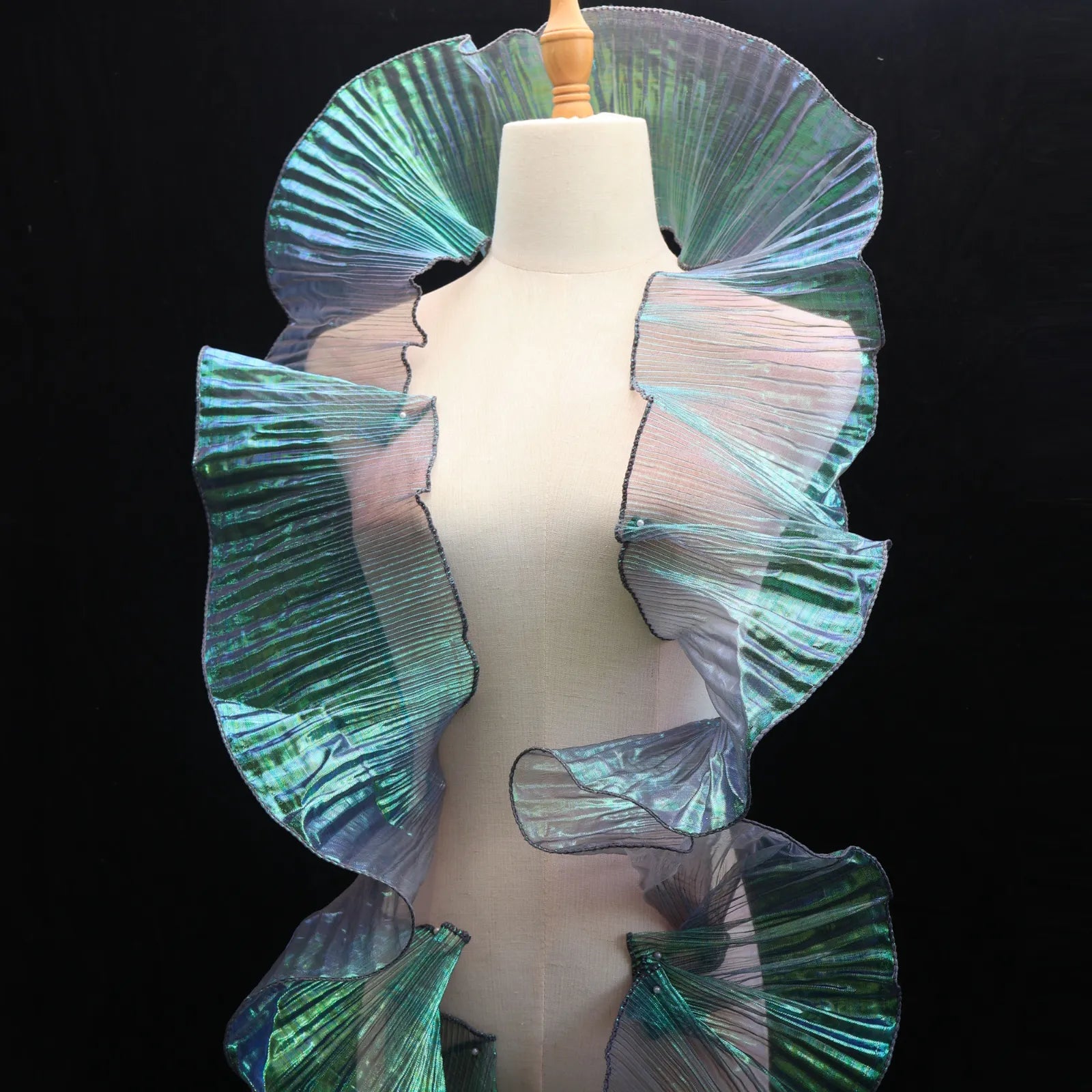 Iridescent Chiffon Ruffle Trim in Green, perfect for dress hems, bag decorations, and DIY crafts