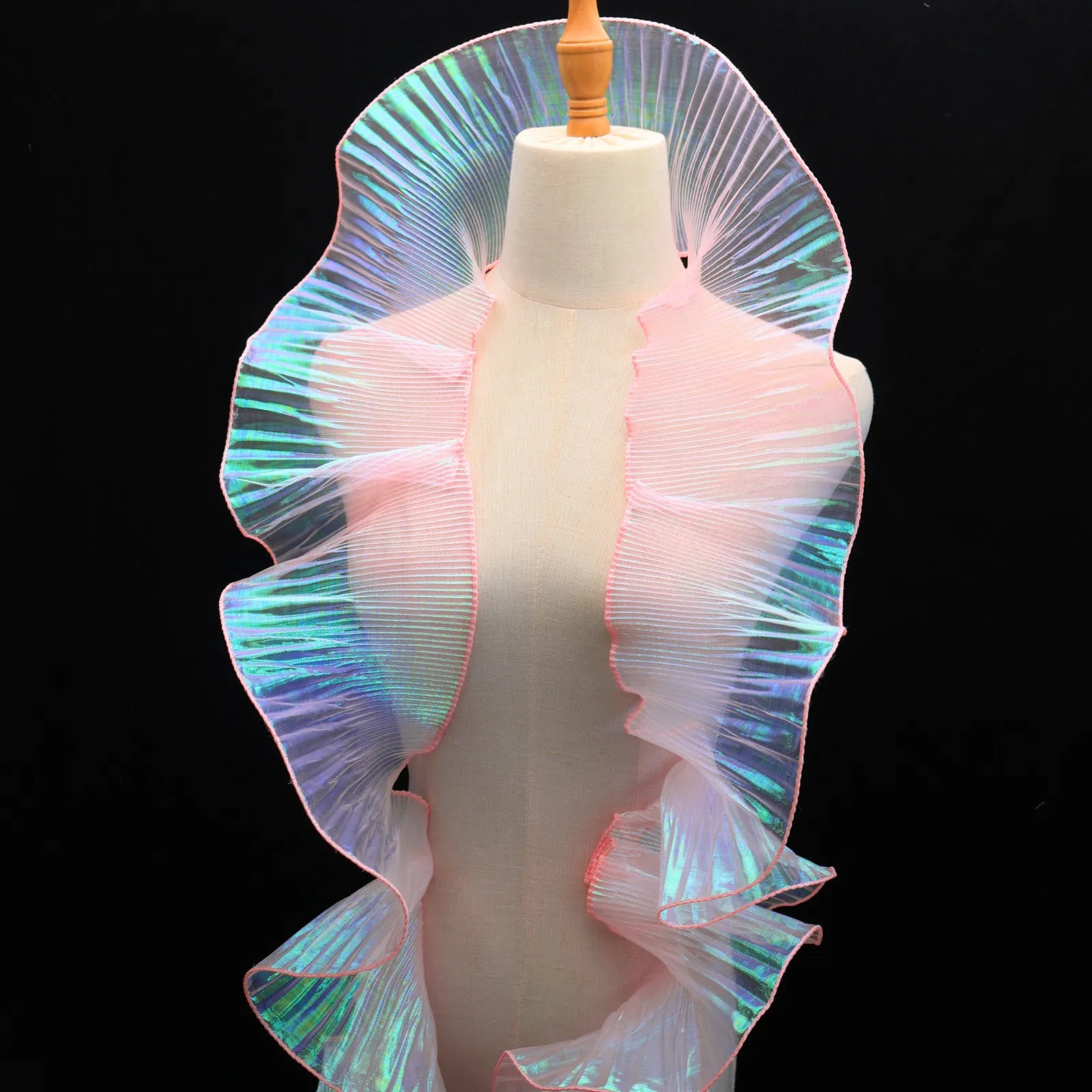 Iridescent Chiffon Ruffle Trim in Pink, perfect for cosplay, party decor, and elegant DIY crafts