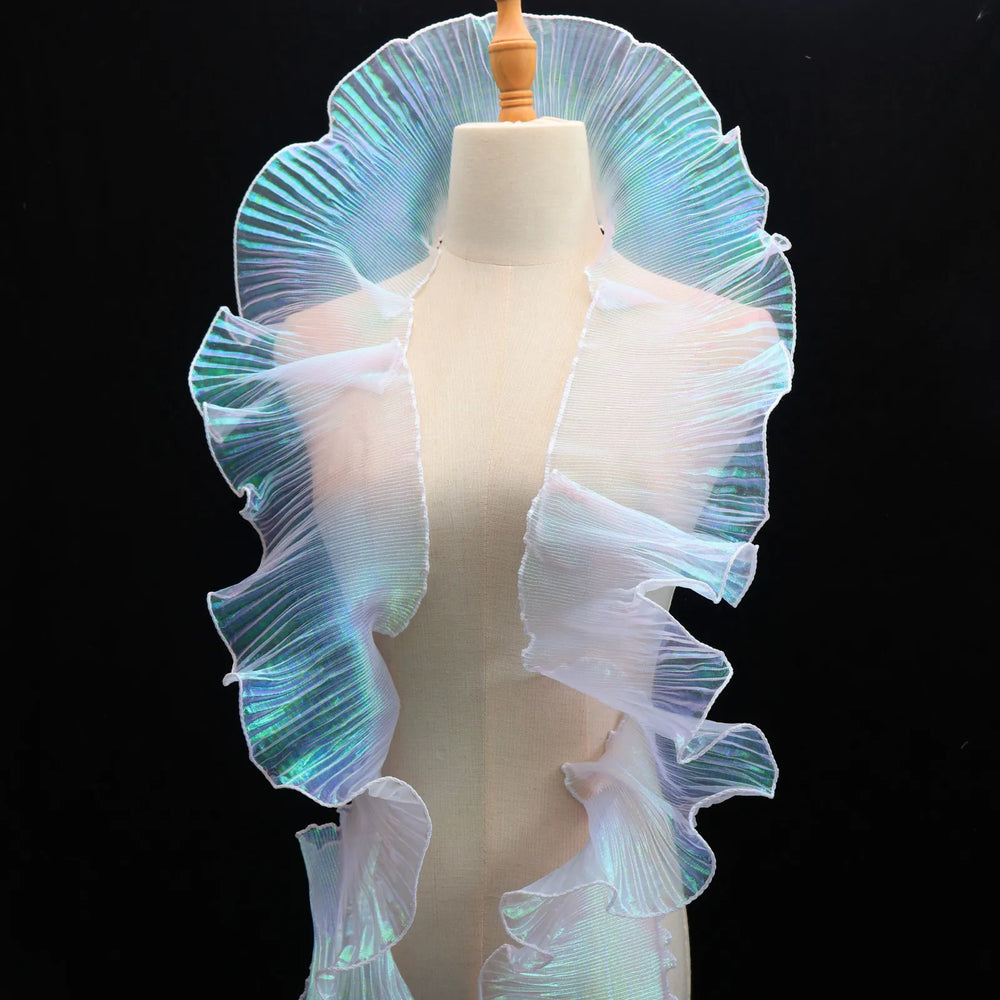 Iridescent Chiffon Ruffle Trim in White, perfect for costumes, dresses, and DIY crafts