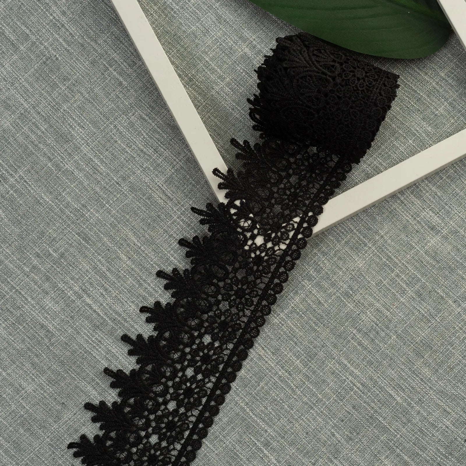 Black Venise floral embroidered lace trim for fashion garments, accessories, and decorative sewing