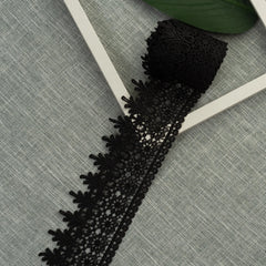 Black Venise floral embroidered lace trim for fashion garments, accessories, and decorative sewing
