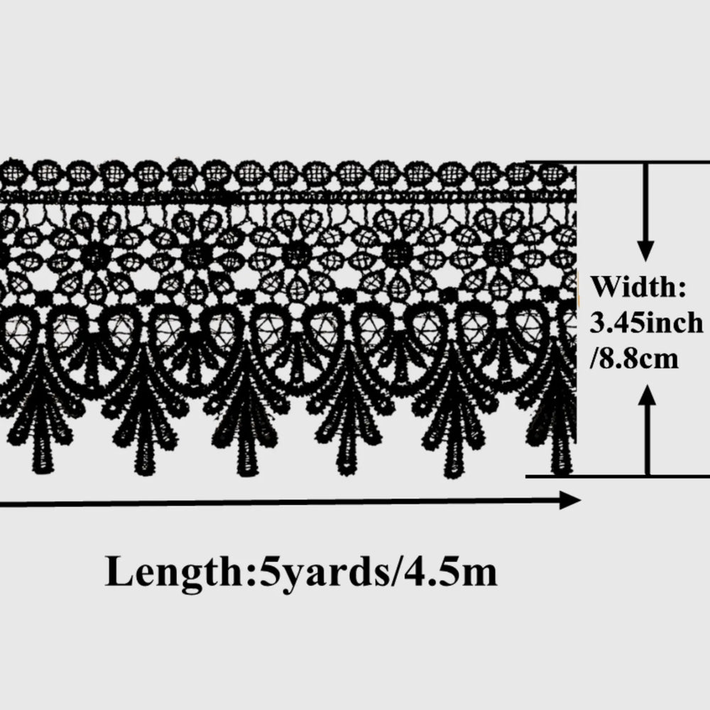 Venise floral embroidered lace trim dimensions showing 3.45 inch width and 5 yards length, with clear pattern scale for sewing and craft projects
