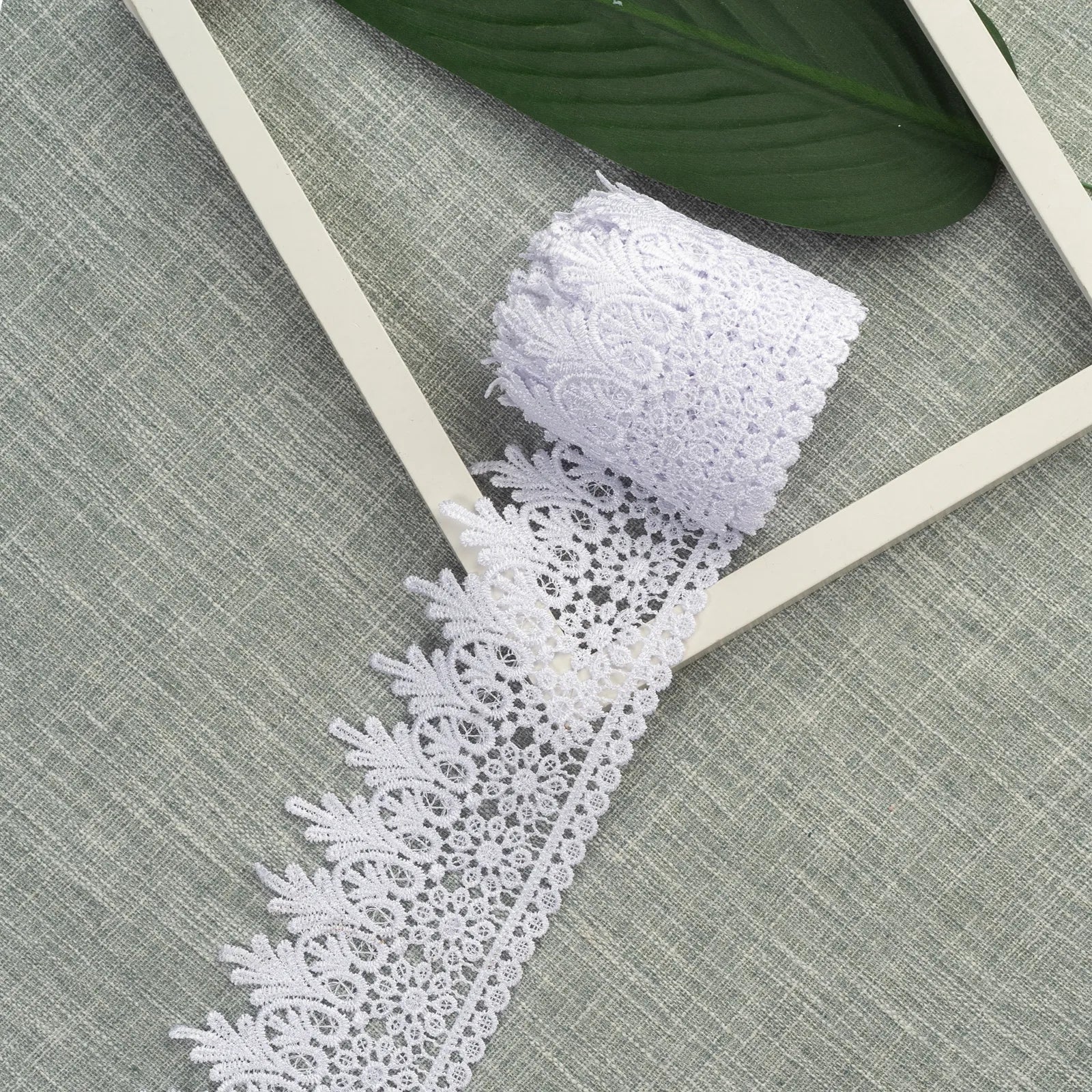 White Venise floral embroidered lace trim for wedding dresses, garments, and elegant DIY projects